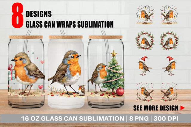 Glass Can Christmas Robin Wonders Sublimation artnoy 