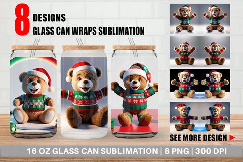 Glass Can Christmas Teddy Bear Sublimation artnoy 