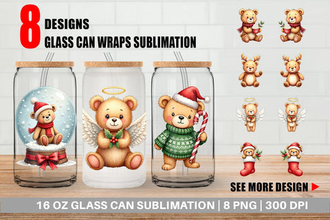 Glass Can Christmas Teddy Bear Sublimation artnoy 