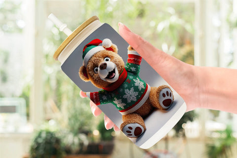 Glass Can Christmas Teddy Bear Sublimation artnoy 