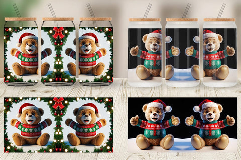 Glass Can Christmas Teddy Bear Sublimation artnoy 