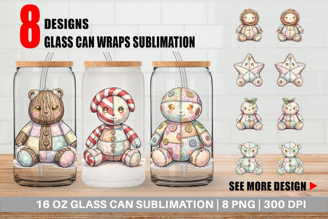 Glass Can Christmas Treat Patchwork Watercolor Sublimation artnoy 