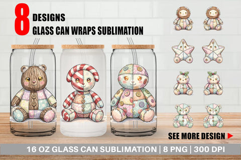 Glass Can Christmas Treat Patchwork Watercolor Sublimation artnoy 