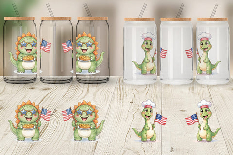 Glass Can Chubby BBQ Dino Patriotic Watercolor Sublimation artnoy 