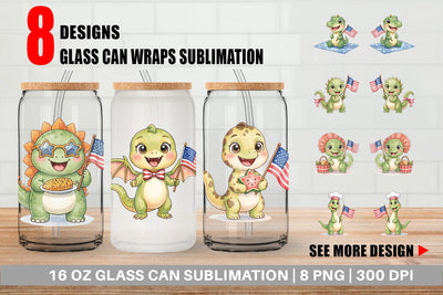 Glass Can Chubby BBQ Dino Patriotic Watercolor Sublimation artnoy 
