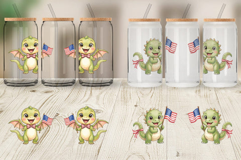 Glass Can Chubby BBQ Dino Patriotic Watercolor Sublimation artnoy 