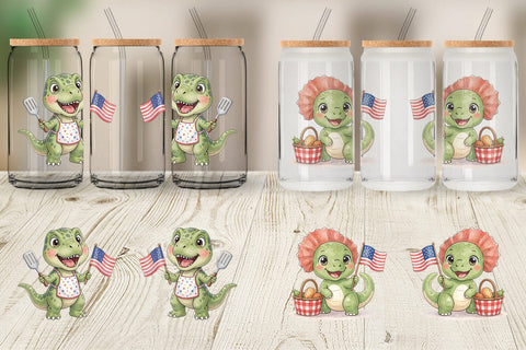 Glass Can Chubby BBQ Dino Patriotic Watercolor Sublimation artnoy 