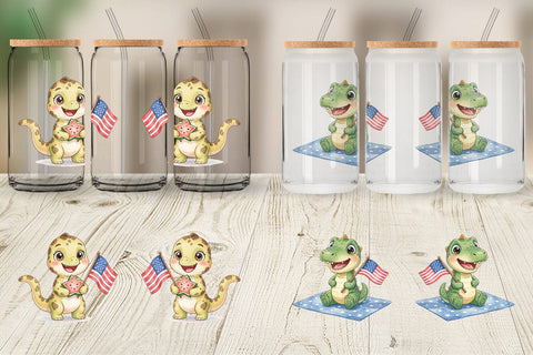 Glass Can Chubby BBQ Dino Patriotic Watercolor Sublimation artnoy 