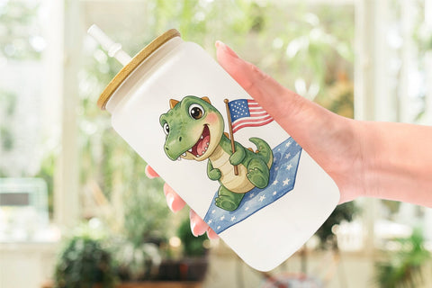 Glass Can Chubby BBQ Dino Patriotic Watercolor Sublimation artnoy 