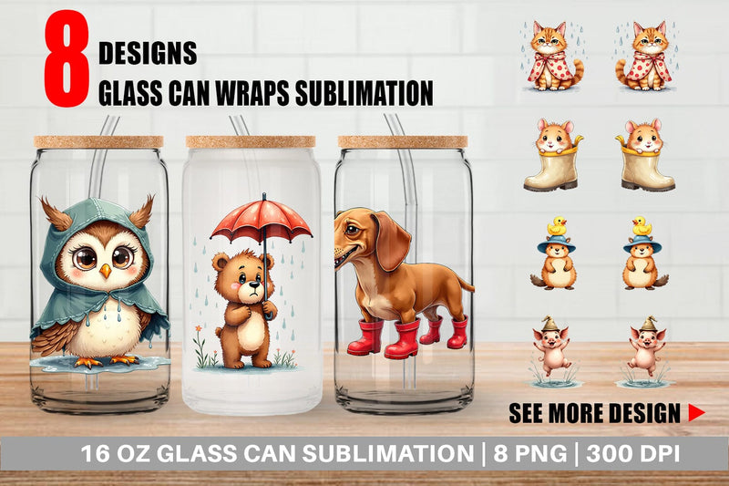 Glass Can Chubby Raincoat Critters Watercolor Sublimation artnoy 