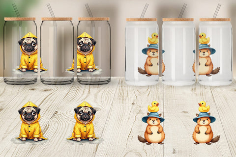 Glass Can Chubby Raincoat Critters Watercolor Sublimation artnoy 