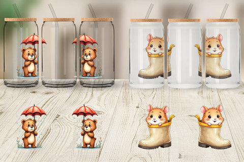 Glass Can Chubby Raincoat Critters Watercolor Sublimation artnoy 