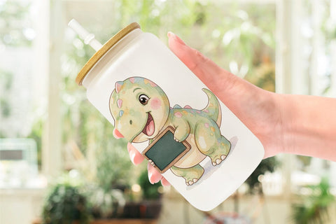 Glass Can Chubby School Dino Watercolor Sublimation artnoy 
