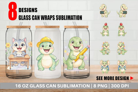 Glass Can Chubby School Dino Watercolor Sublimation artnoy 