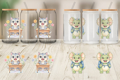 Glass Can Chubby School Dino Watercolor Sublimation artnoy 