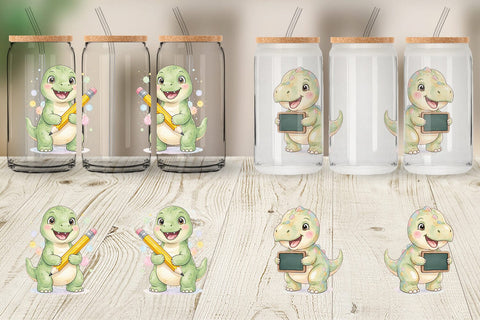 Glass Can Chubby School Dino Watercolor Sublimation artnoy 