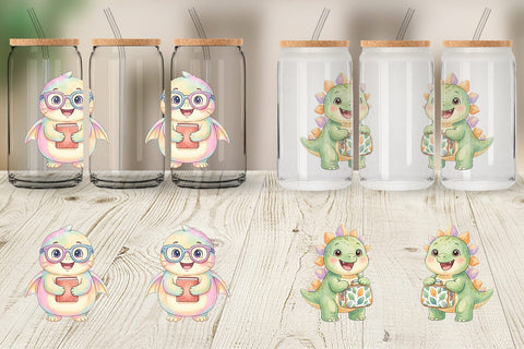 Glass Can Chubby School Dino Watercolor Sublimation artnoy 