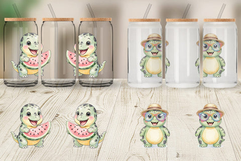 Glass Can Chubby Summer Dinosaur Watercolor Sublimation artnoy 