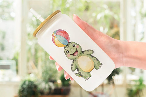 Glass Can Chubby Summer Dinosaur Watercolor Sublimation artnoy 