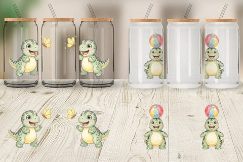 Glass Can Chubby Summer Dinosaur Watercolor Sublimation artnoy 