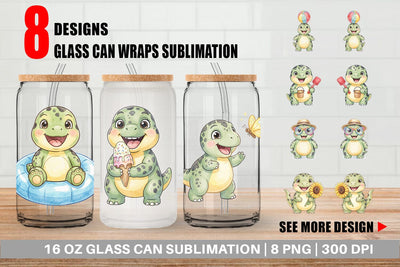 Glass Can Chubby Summer Dinosaur Watercolor Sublimation artnoy 