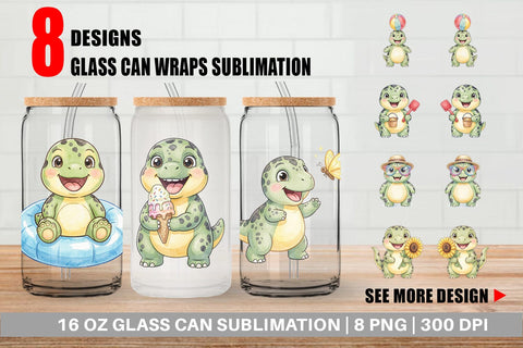 Glass Can Chubby Summer Dinosaur Watercolor Sublimation artnoy 