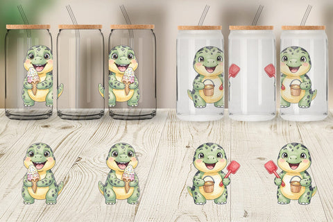 Glass Can Chubby Summer Dinosaur Watercolor Sublimation artnoy 