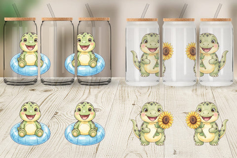 Glass Can Chubby Summer Dinosaur Watercolor Sublimation artnoy 