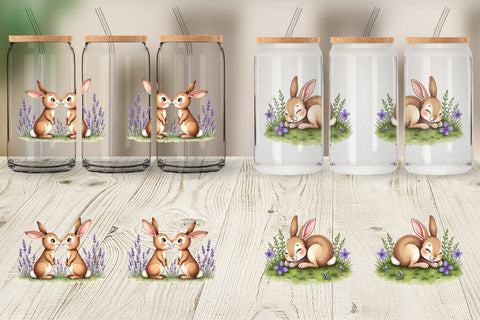Glass Can Classic Easter Bunnies in the Meadow Watercolor Sublimation artnoy 