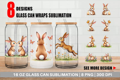Glass Can Classic Easter Bunnies in the Meadow Watercolor Sublimation artnoy 
