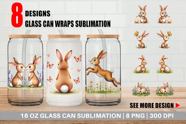 Glass Can Classic Easter Bunnies in the Meadow Watercolor Sublimation artnoy 