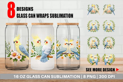 Glass Can Cockatiel Embroidery Sublimation artnoy 