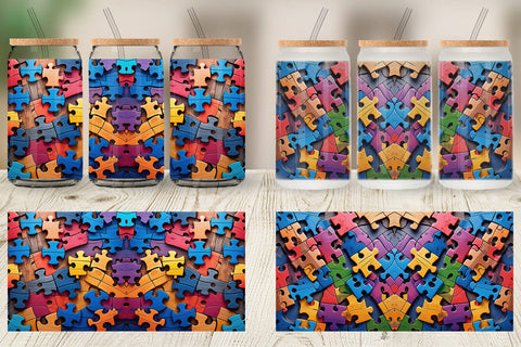 Glass Can Colorful Puzzle Pieces Sublimation artnoy 