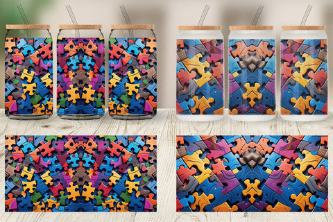 Glass Can Colorful Puzzle Pieces Sublimation artnoy 