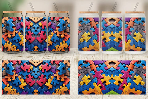Glass Can Colorful Puzzle Pieces Sublimation artnoy 