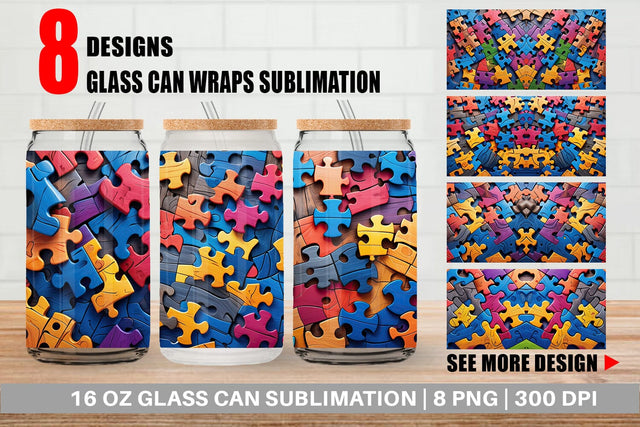 Glass Can Colorful Puzzle Pieces Sublimation artnoy 