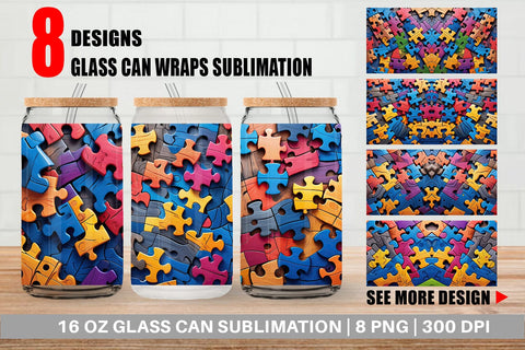Glass Can Colorful Puzzle Pieces Sublimation artnoy 