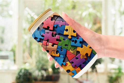 Glass Can Colorful Puzzle Pieces Sublimation artnoy 