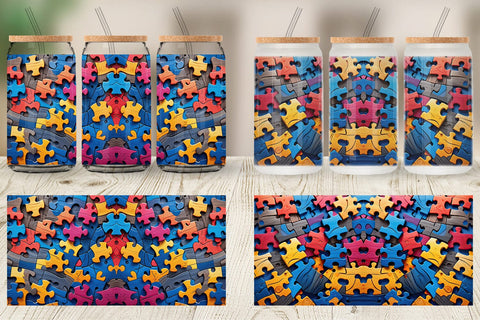 Glass Can Colorful Puzzle Pieces Sublimation artnoy 