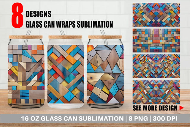 Glass Can Colorful Wood Mosaic Sublimation artnoy 