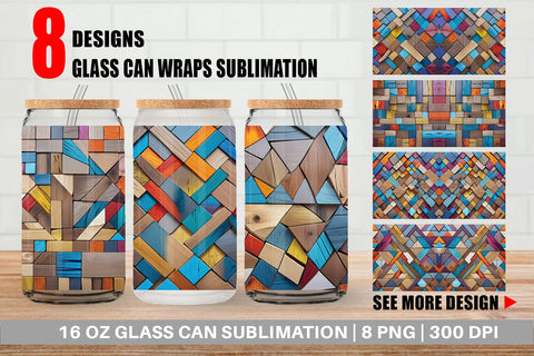 Glass Can Colorful Wood Mosaic Sublimation artnoy 