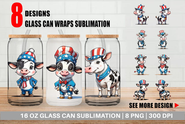 Glass Can Cow 4th of July Sublimation artnoy 