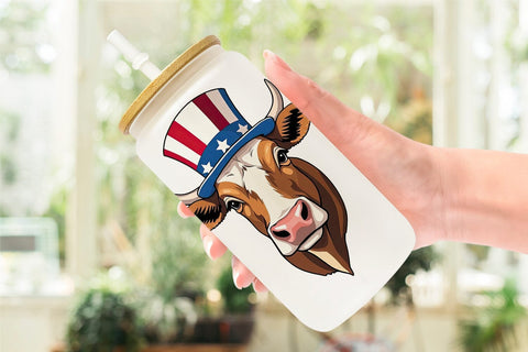 Glass Can Cow Patriotic Sublimation artnoy 