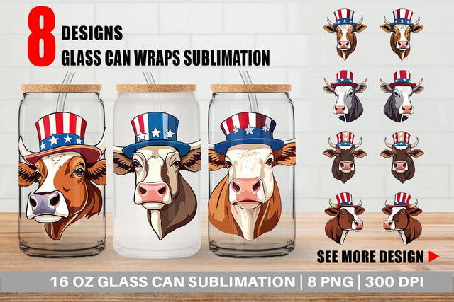 Glass Can Cow Patriotic Sublimation artnoy 