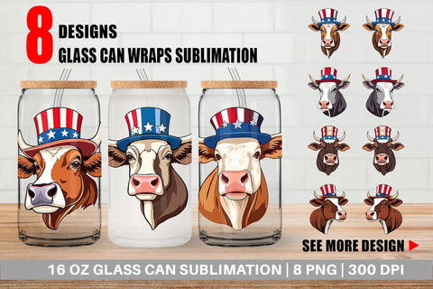 Glass Can Cow Patriotic Sublimation artnoy 