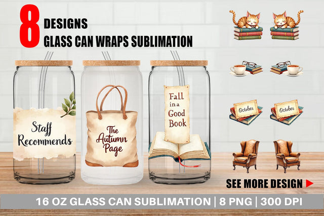 Glass Can Cozy Autumn Bookstore Sublimation artnoy 