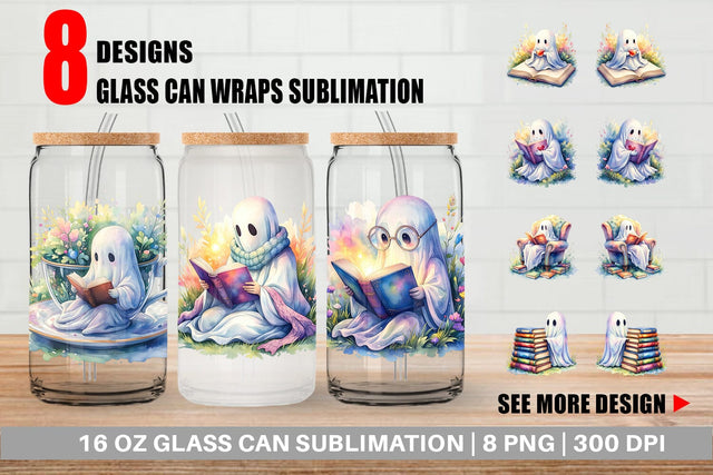 Glass Can Cozy Bookworm Ghost Sublimation artnoy 