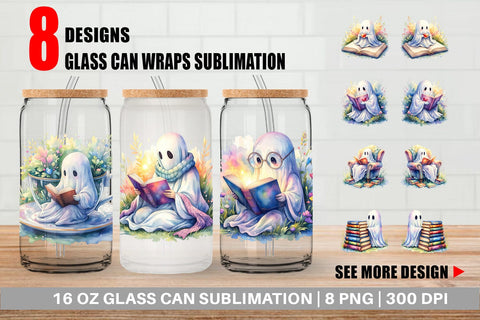Glass Can Cozy Bookworm Ghost Sublimation artnoy 
