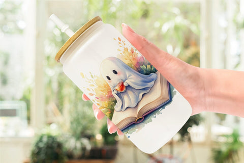 Glass Can Cozy Bookworm Ghost Sublimation artnoy 