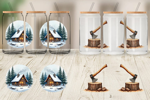 Glass Can Cozy Cabin and Winter Forest Sublimation artnoy 